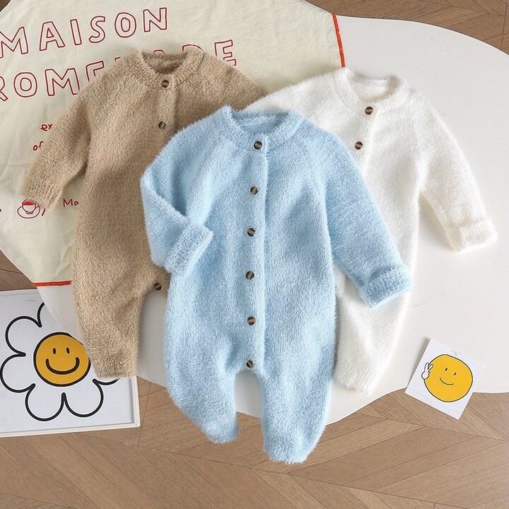 Mom Susy Newborn Baby Boy Girl Soft Knitted Fluffy Romper Infant Toddler Solid Long Sleeve Sweater Jumpsuit Autumn Winter Clothes 3-18M