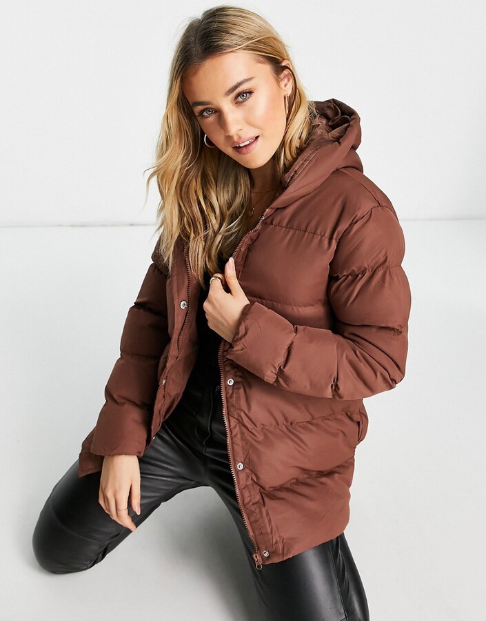 Threadbare hayley mid length puffer jacket in chocolate brown - ShopStyle