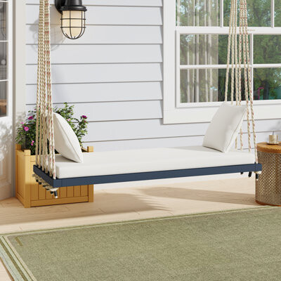 Patio Swing With Wood Frame, Comfortable Cushion And Two Pillows, 10.8Ft Hemp Ropes For Garden Backyard, 400Lbs Support, 30-Min Assembly Lawn, Soft Ro