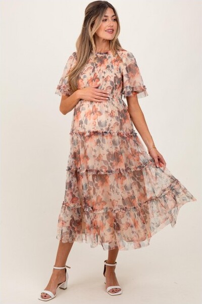 PinkblushPeachFloralMeshSmockedMaternityMidiDressLarge