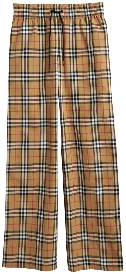 satin trim vintage check cotton trousers