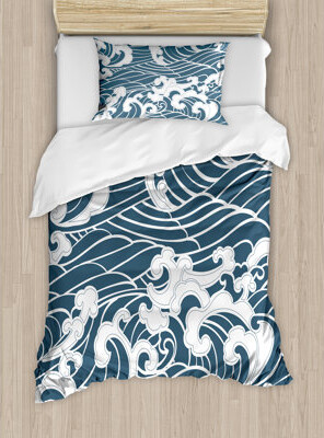Ambesonne Wave Hand Drawn Traditional Style Aquatic Doodle River Storm Retro Abstract Duvet Cover Set