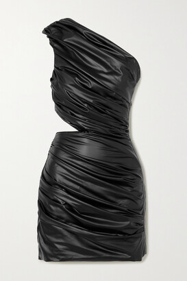 Halpern One-shoulder Cutout Ruched Faux Leather Mini Dress