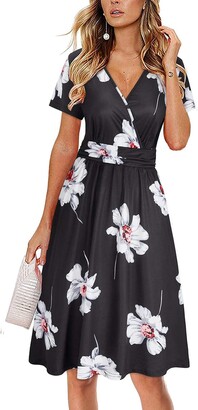 Casual Summer Dress for Women,V-Neck Short Sleeve Floral Print Knee-Length Dress Cocktail Party Flowy A-Line Dress 