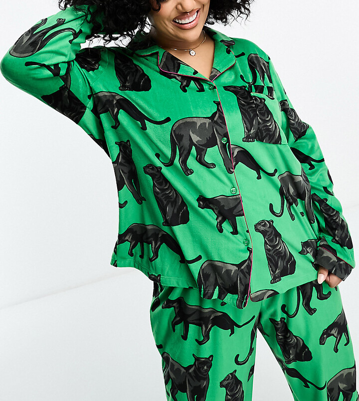 Chelsea Peers Curve velour panther print top and pants pajama set in apple  green - ShopStyle