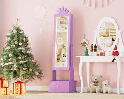 LED Vanity Mirror with Jewelry Storage, Princess Style Wooden Armoire with Lights and Drawers for Girls Dress-Up, Freestanding Dresser with Jewelry Or