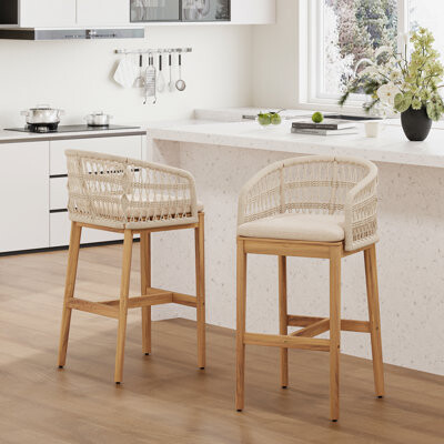 Dovecove Laguna Outdoor Wood And Rope Barstool Teak Finished Wood With Beige Cushion Set Of 2