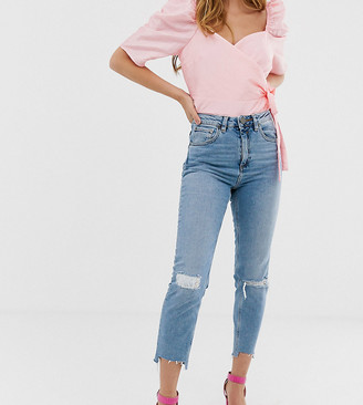 ASOS DESIGN Petite Farleigh high waisted slim mom jeans in light vintage wash with busted knee and rip & repair detail