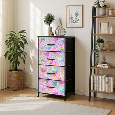 Dakota Fields 4 Drawer Vertical Storage Dresser Colorful seamless sweets rainbow ice cream lollipop cupcake with Wood Top Fabric Pull Drawers