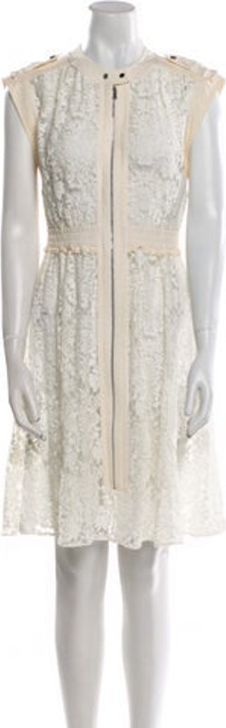 Rebecca Taylor Lace Shift Dress Neutrals Lace Pattern Lace & Ruffle Accents Short Sleeve with Crew Neck Exposed Zip Closure at Front Designer