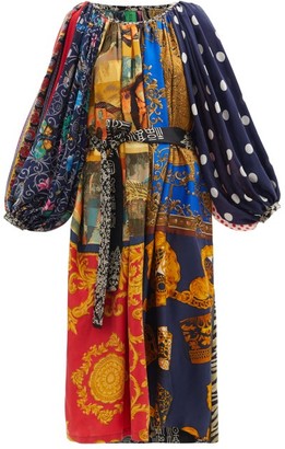 RIANNA + NINA Patchwork Gathered-neck Vintage-silk Dress - Multi