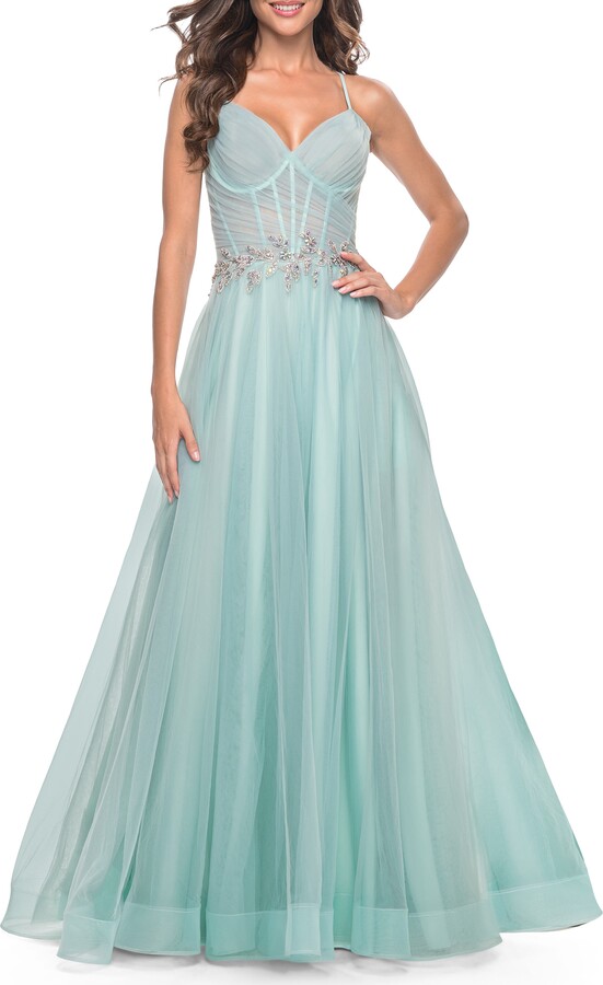 A-Line Prom Gown with Ruched Bodice and Rhinestone Belt Detail