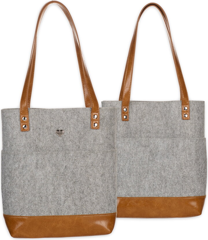 Christian Art Gifts Felt and Faux Leather Bible Tote for Women: With Metal Heart Badge, Pockets and Magnetic Button Closure, Toffee Brown and Gray, One Size Carry Bag for Books, Supplies and Shopping