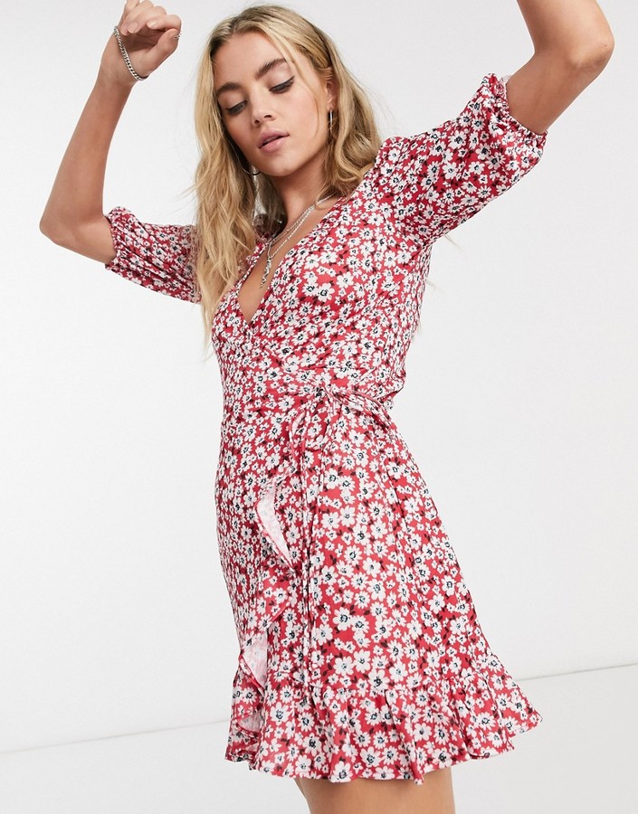 Bershka mini wrap dress in ditsy red floral - ShopStyle