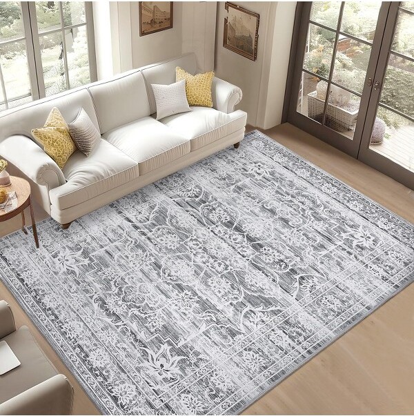 TROPOW AreaRugWashableRug-GrayVintageTraditionalLowPileAccentCarpetBohoDistressedNon-SlipforLivingRoomBedroom