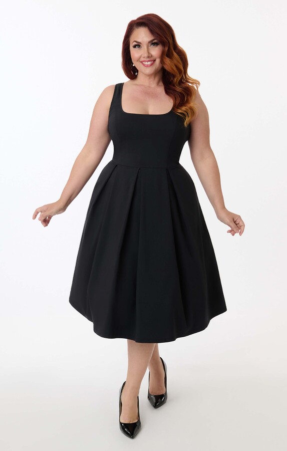 Unique Vintage Plus Size Square Neck Pleated Swing Dress