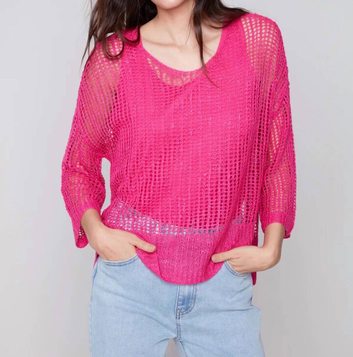 CHARLIE B Fishnet Crochet Sweater In Punch