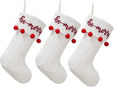 New Traditions Simplify Your Holiday 3-Pack Christmas Cable Knit Stockings with Pom Poms (White/Be Merry)