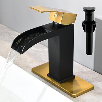 FashionSecretsLLC Black and Gold Waterfall Bathroom Faucet - 4In Single Handle Bathroom Sink Faucets 1 or 3 Hole Solid Vanity Faucet with Deck Plate & Overflow Pop Up D