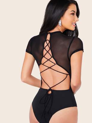 Shein Mesh Panel Lace-up Open Back Fitted Bodysuit