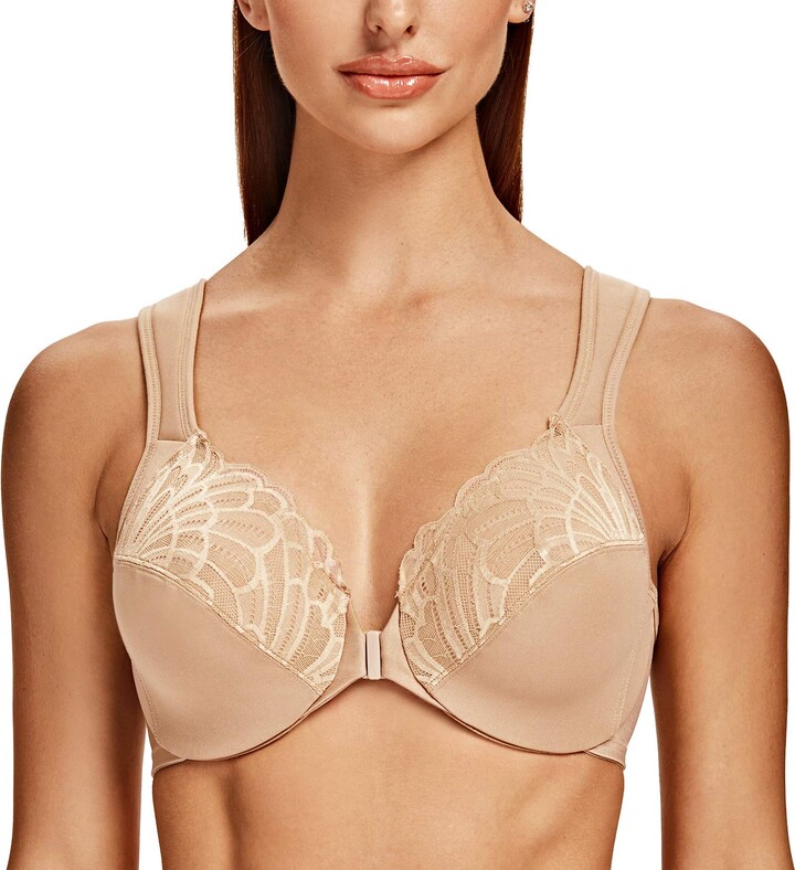 MELENECA Front Fastening Bras for Women Plus Size Underwire Unlined Lace Cup Cushion Strap 