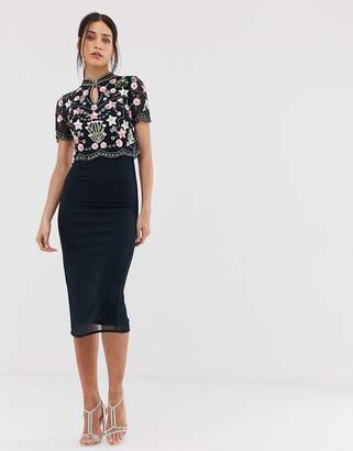 Frock and Frill floral and star embellished midaxi dress with keyhole kimono collar in navy