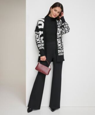 DKNY Womens Long Sleeve Exploded Logo Cardigan Polished High Waist