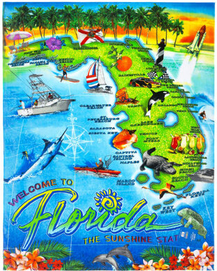 East Urban Home Sunshine State Beach Blanket - 100% Cotton, Family Size, 54x68 inch, Florida Map Souvenir Towel