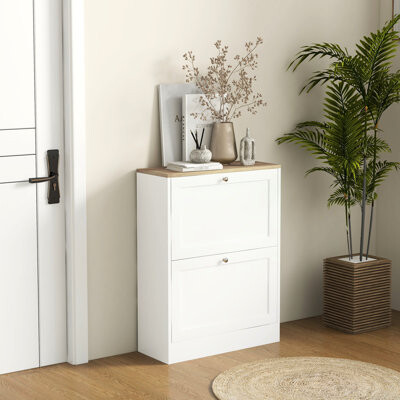 Latitude Run Slim Shoe Cabinet For Entryway - 2 Flip Drawers, Adjustable Shelves, Holds 12 Pairs, White Modern Chic By White, Shelves Pairs Of Shoes, Sleek Look