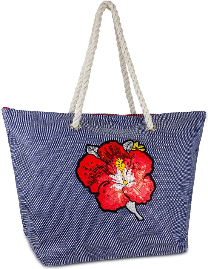 Women’s Straw Beach tote with Sequin Flower Patch