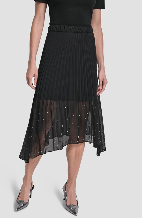 DKNY Studded Pleated Chiffon Midi Skirt