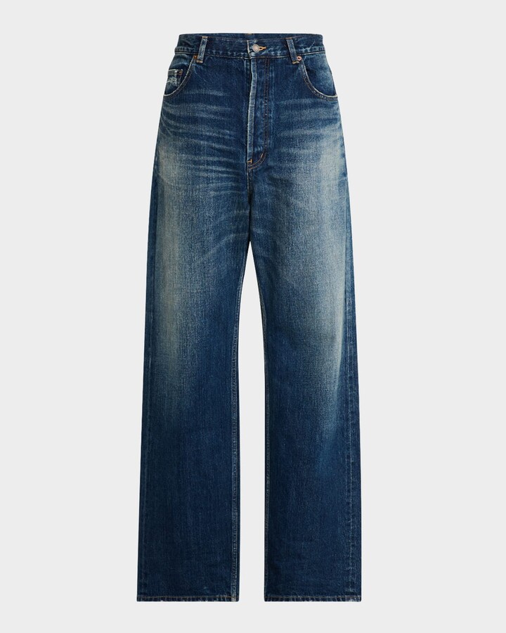 Saint Laurent Men's Wide-Leg Faded Jeans