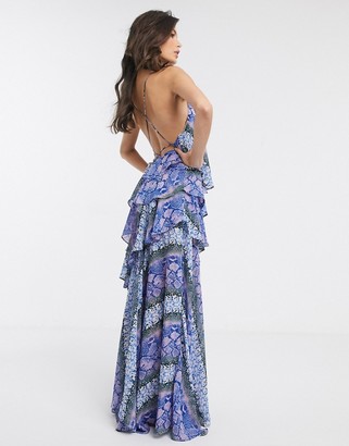 Forever U Collection ruffle maxi cami dress with thigh split in multi snake
