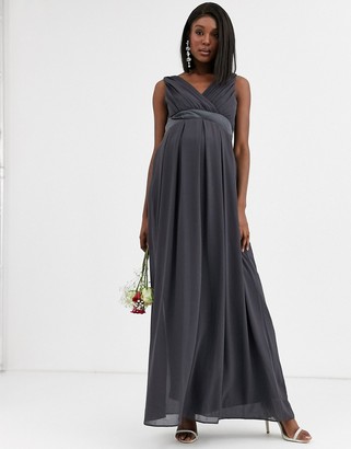 TFNC Maternity Bridesmaid maxi dress with satin bow back in grey
