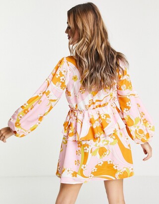 John Zack exclusive plunge front tiered ruffle mini dress in multi orange swirl print