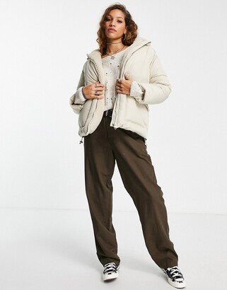 Topshop mid length puffer jacket with borg lined hood in off white