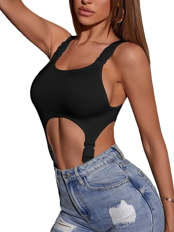 LilyCoco Sexy Bodysuit for Women Sleeveless High Cut Out Buckle