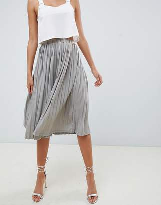 Missguided Tall Hammered Satin Pleated Midi Skirt In Metal Grey