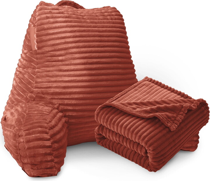 LAMMALOE Nestl Backrest Reading Pillow with Blanket, Back Support Pillow with Arms, Shredded Memory Foam Bed Rest Pillow and Throw Blanket, Misty Rose
