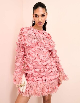 ASOS Luxe 3D floral embellished eyelet mini dress with faux feather trim in  pink - ShopStyle