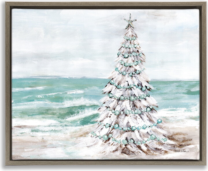 Stupell Industries Snowy Christmas Tree on Beach Holiday Painting Brown Floater Framed Canvas Art Print Wall Art, 31 x 25