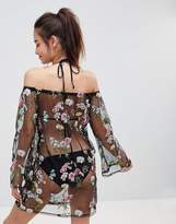 Thumbnail for your product : South Beach Bardot Floral Embroidered Mesh Beach Dress