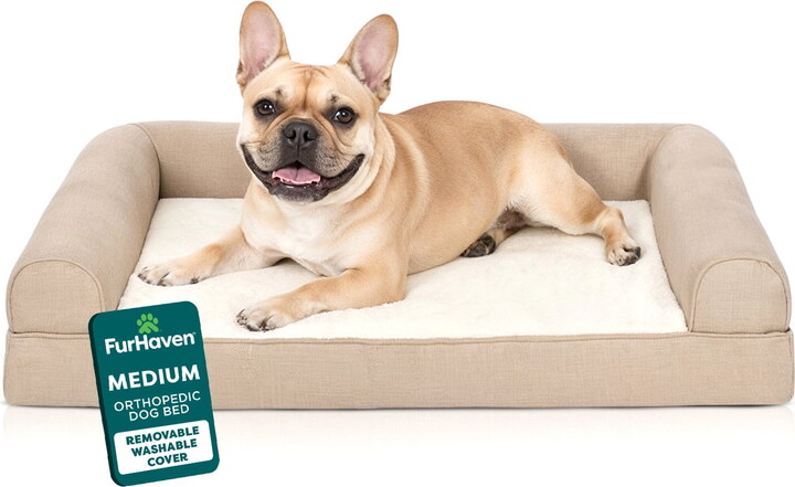 FurHaven Plush & Performance Linen Orthopedic Sofa Pet Bed for Dogs & Cats - Flax, Medium