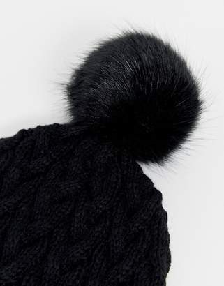 ASOS Design DESIGN cable knit faux fur pom beanie