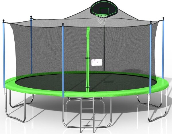 Whisen16FTTrampolinewithBasketballHoop,OutdoorTrampolinesw/LadderandSafetyEnclosureNet-Green