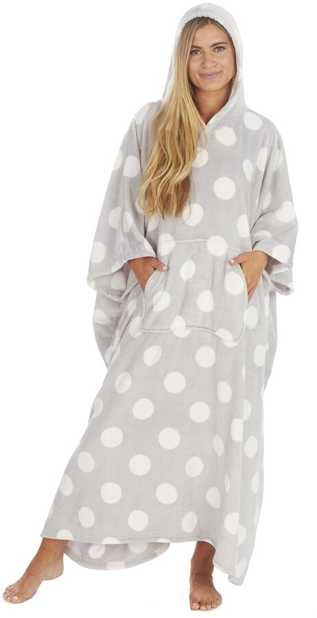 Evotex Trading Womens Long Fleece Hooded Poncho Lounger Dressing Gown/Robe  Grey Spot One Size - ShopStyle Nightdresses