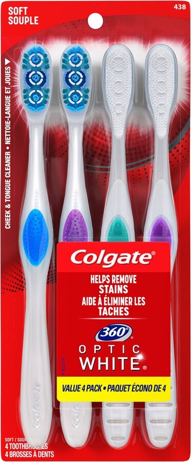 Colgate 360 Optic White Whitening Toothbrush, Soft Bristle, 4 CT