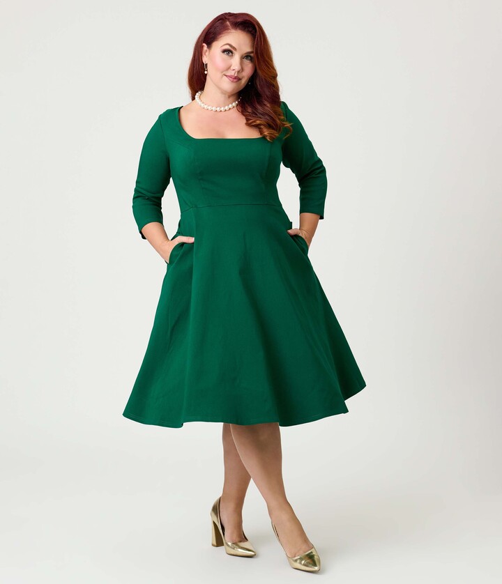Unique Vintage Plus Size Square Neck Pleated Swing Dress