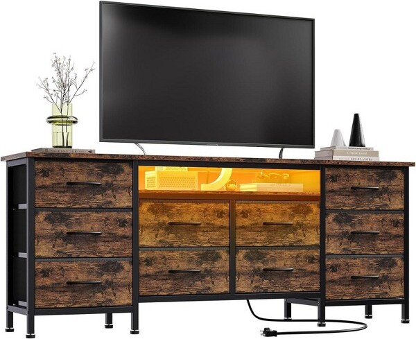 LinTimes TVStandfor65-75InchTV10DrawerLongDresserwithPowerOutletsandLEDLights63InchEntertainmentCenterTVStandDresserStorageDrawers