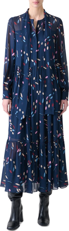 Akris Punto Dropping Dots Print Long Sleeve Georgette Midi Shirtdress